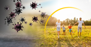 Strong immunity - healthy family. Happy parents with children protected from viruses and bacteria, illustration.